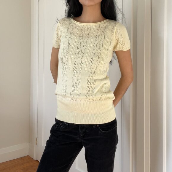 Vintage 2000s Suzy Shier Butter Yellow Knit Pointelle Top Ribbed Waist - Picture 3 of 7